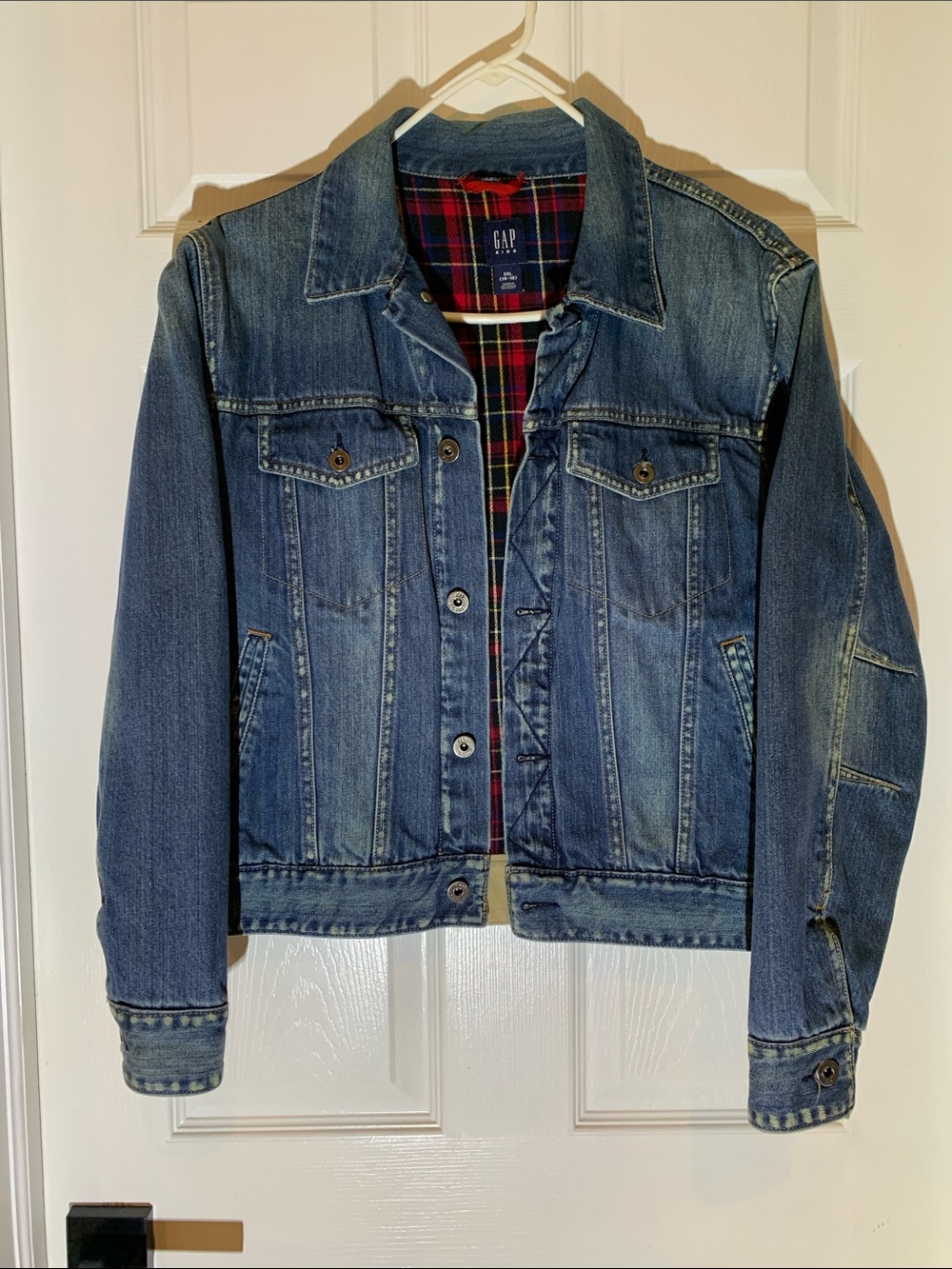 GAP Medium Blue Denim Jacket with Red Plaid Lining